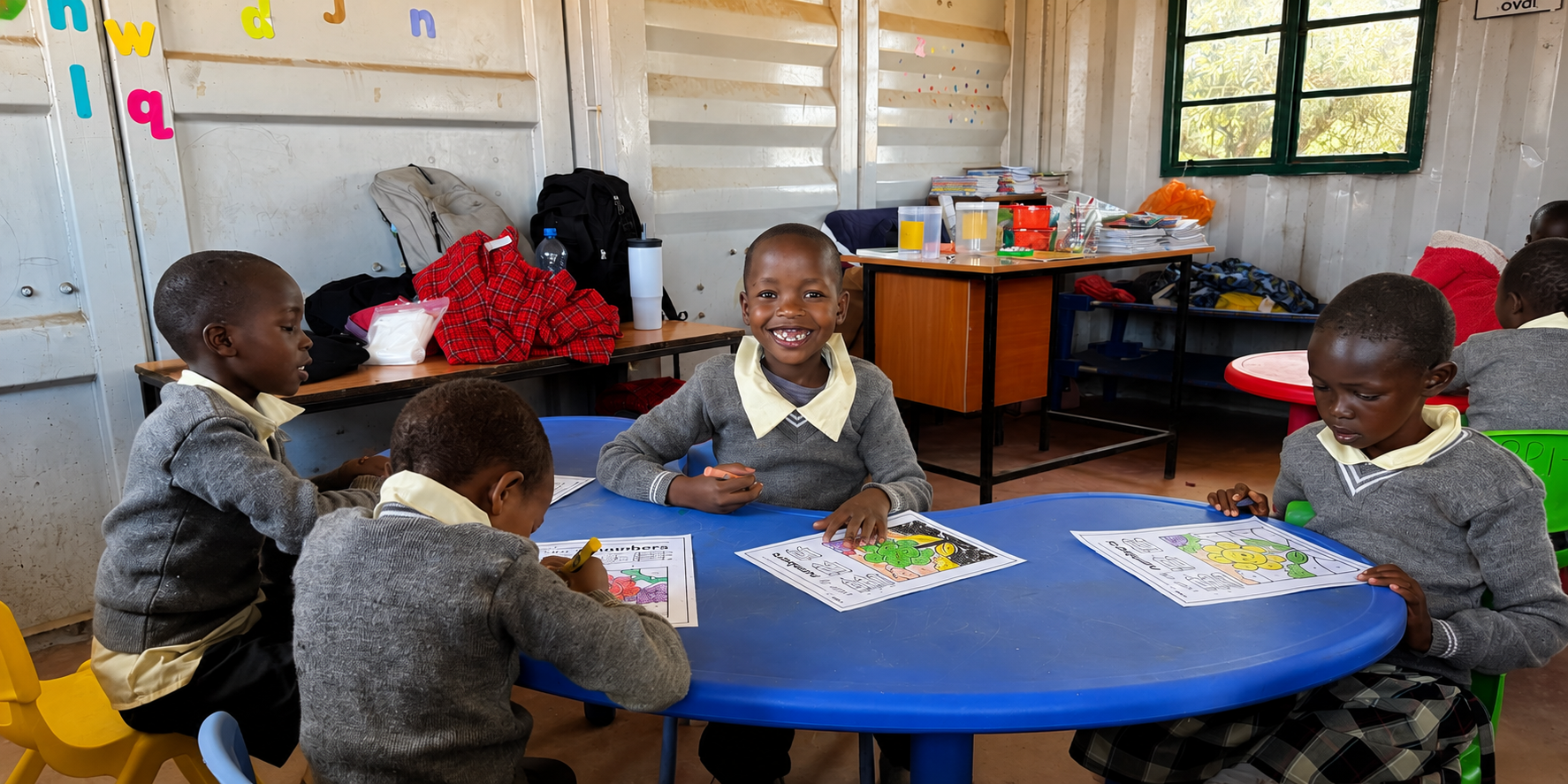 Young Kenyan students coloring at a classroom table