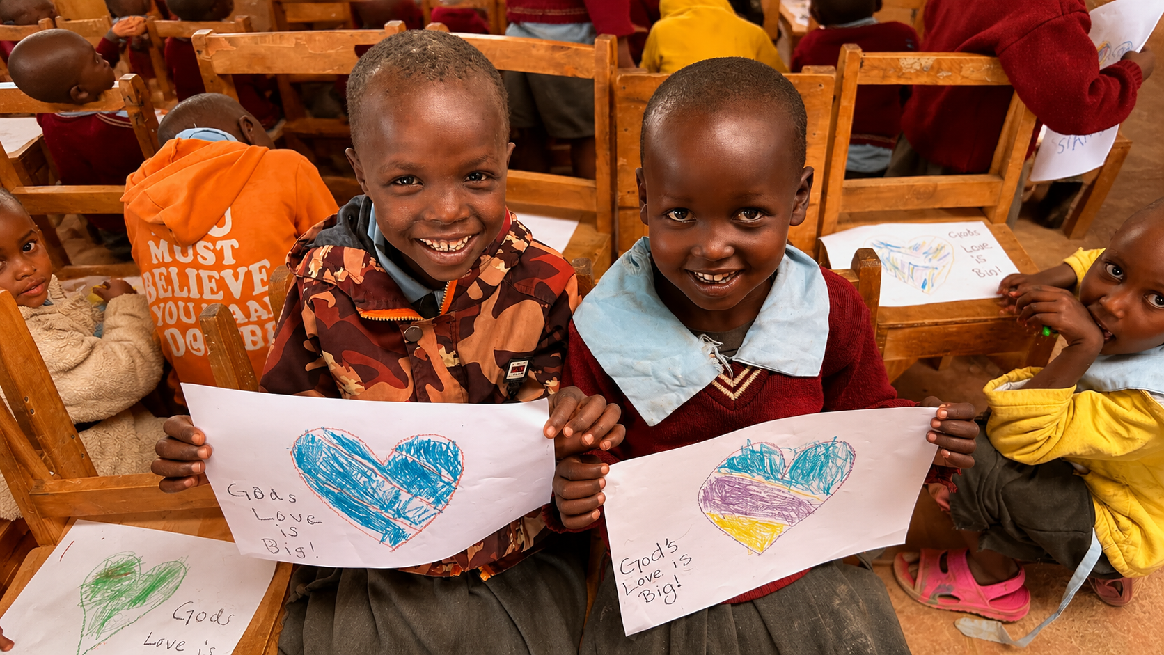 Two smiling Kenyan children in a classroom holding crayon drawings of hearts that say God's Love is Big