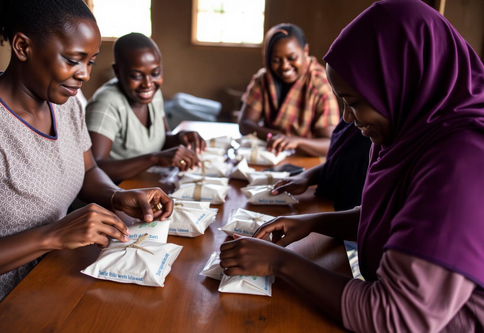 Kenyan women at a wooden table together, carefully assembling small paper-wrapped Dignity Packets