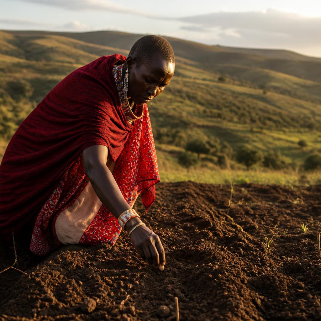 A Maasai woman planting seeds in a small field with rolling hills behind her