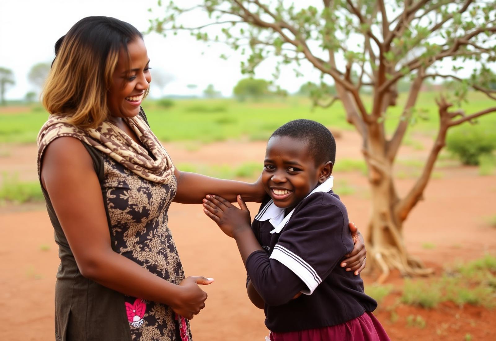 A sponsor meets her sponsored Kenyan student in person under an acacia tree