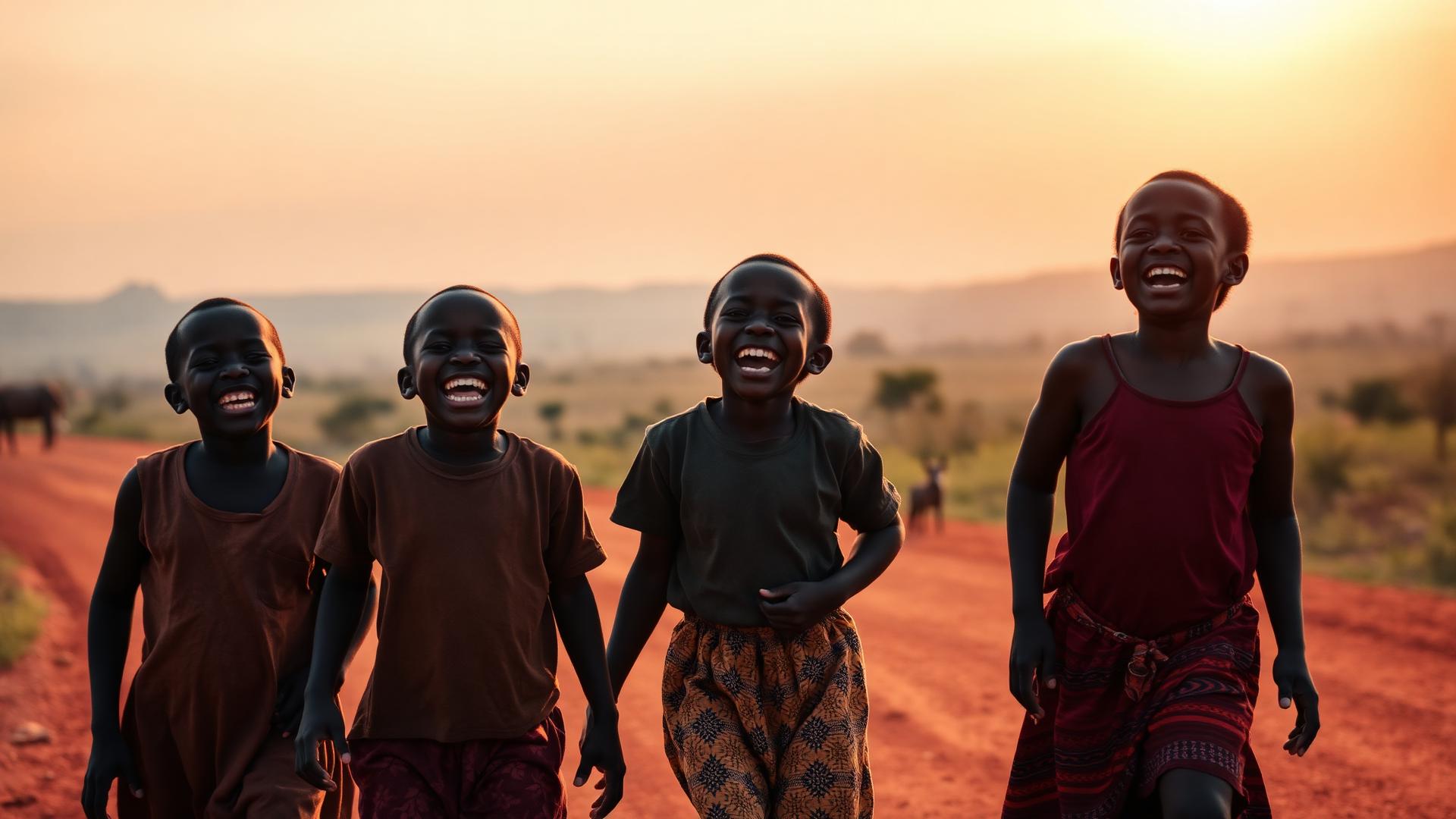 Kenyan children laughing on a red dirt road at golden hour