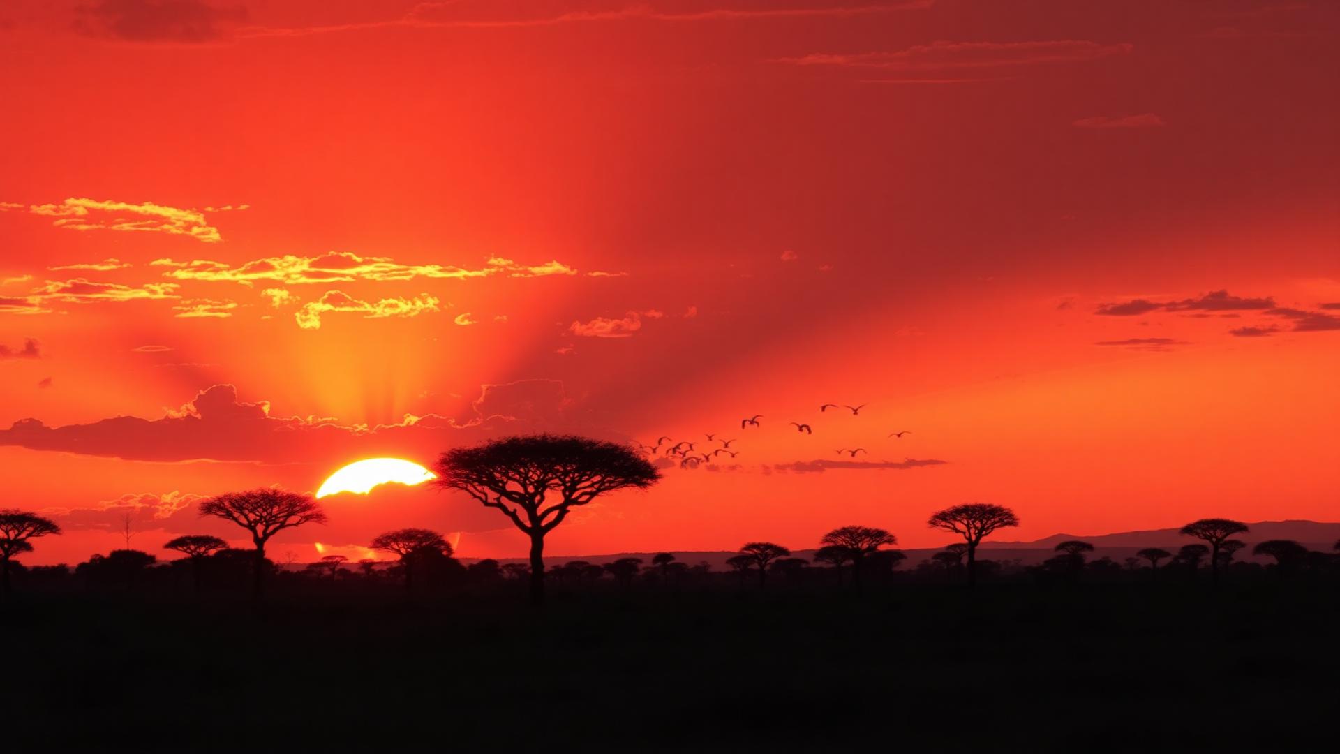 A vivid Kenyan sunset over acacia silhouettes on the savanna